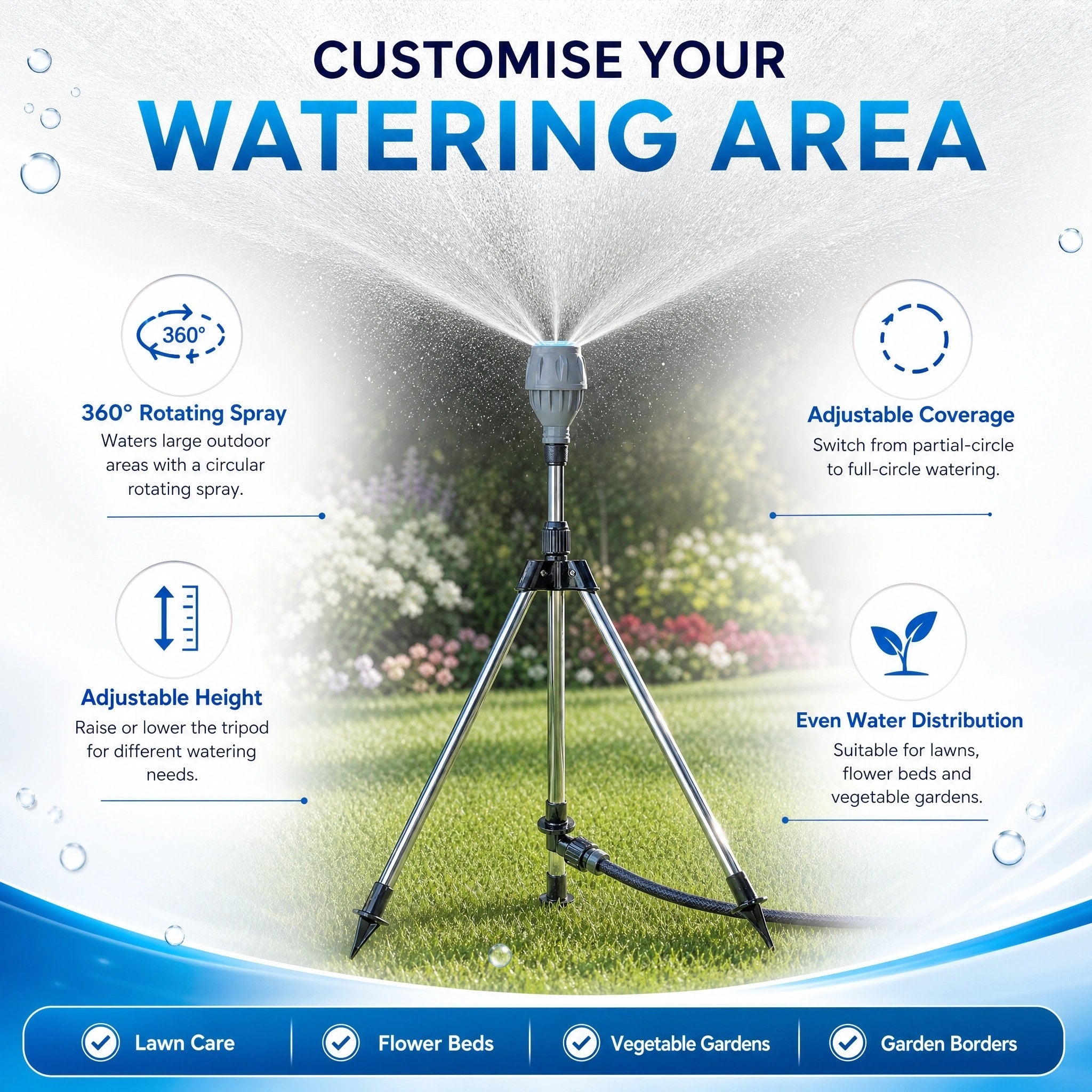 Tripod Lawn Sprinkler with Height Adjustable Rotating Spray Nozzle