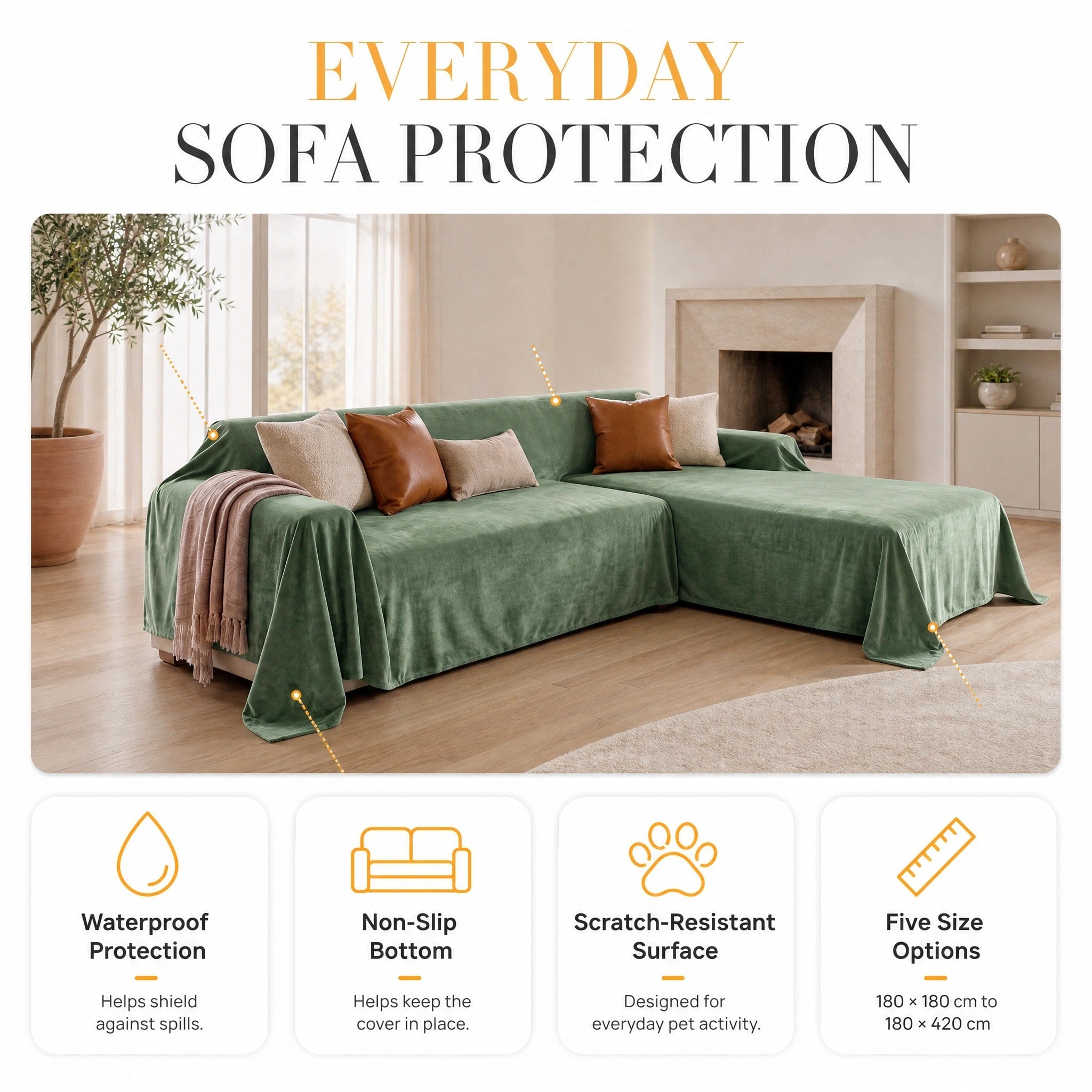 Waterproof Sofa Cover with Non-Slip Bottom for Pets and Sectional Sofas