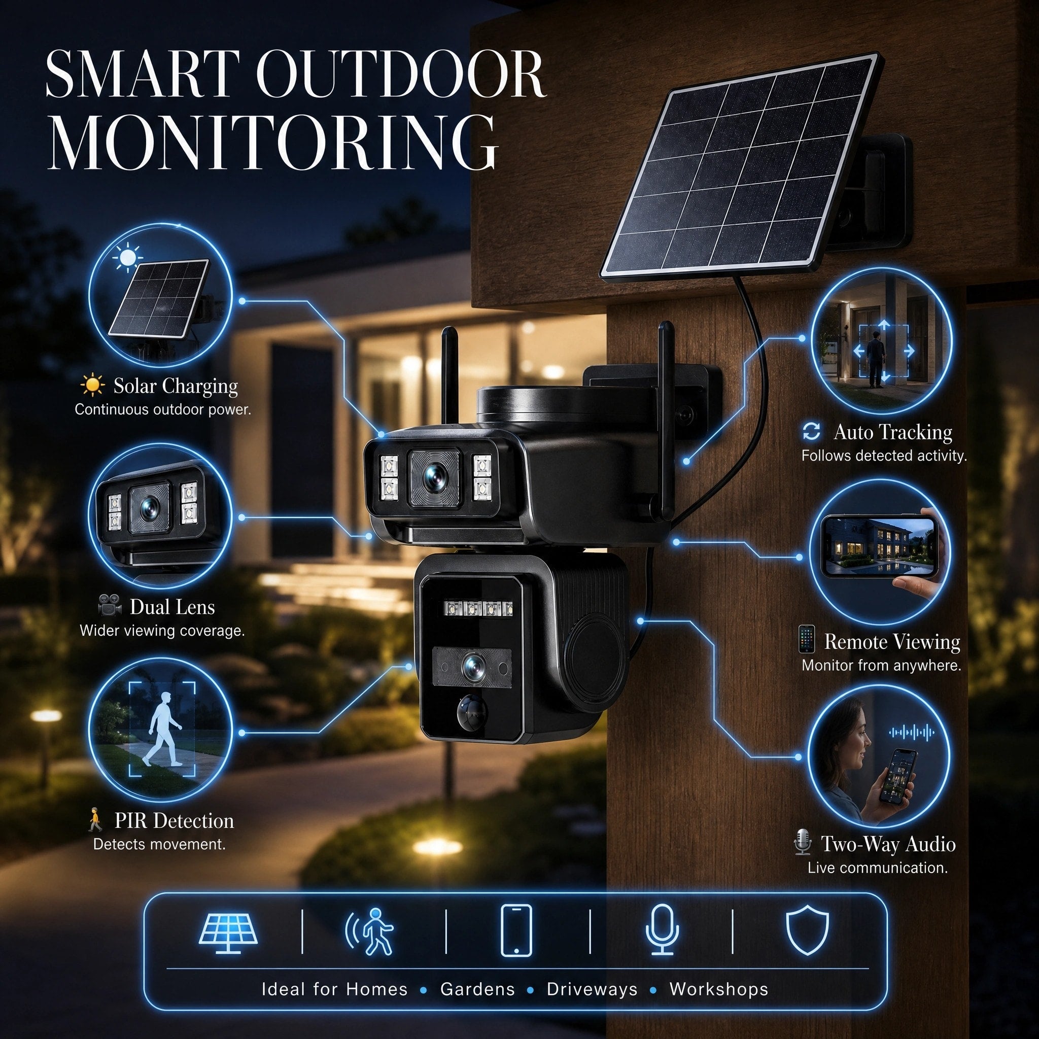 Wireless Outdoor Security Camera with Solar Panel and Auto Tracking
