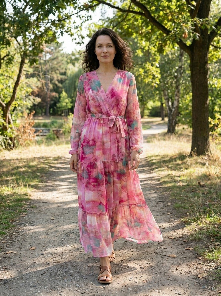 Womens Abstract Floral Maxi Dress | Elegant Long Sleeve Wrap Dress for All Seasons 1