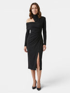 Women's Asymmetric Fabric Midi Dress | Structured Draped Design