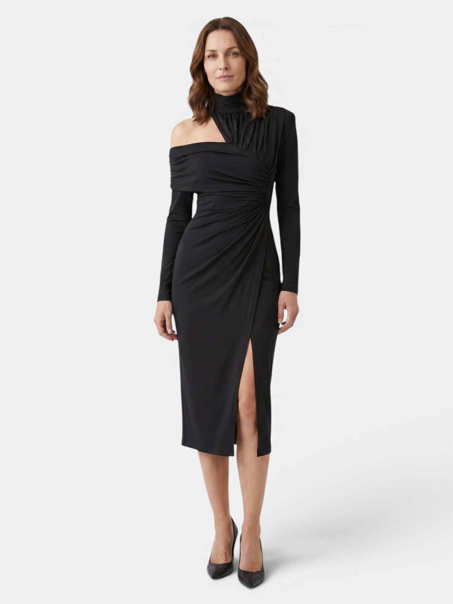 Abito midi asimmetrico da donna in tessuto | Design strutturato drappeggiato