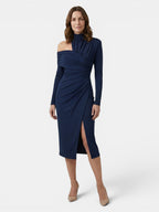 Women's Asymmetric Fabric Midi Dress | Structured Draped Design