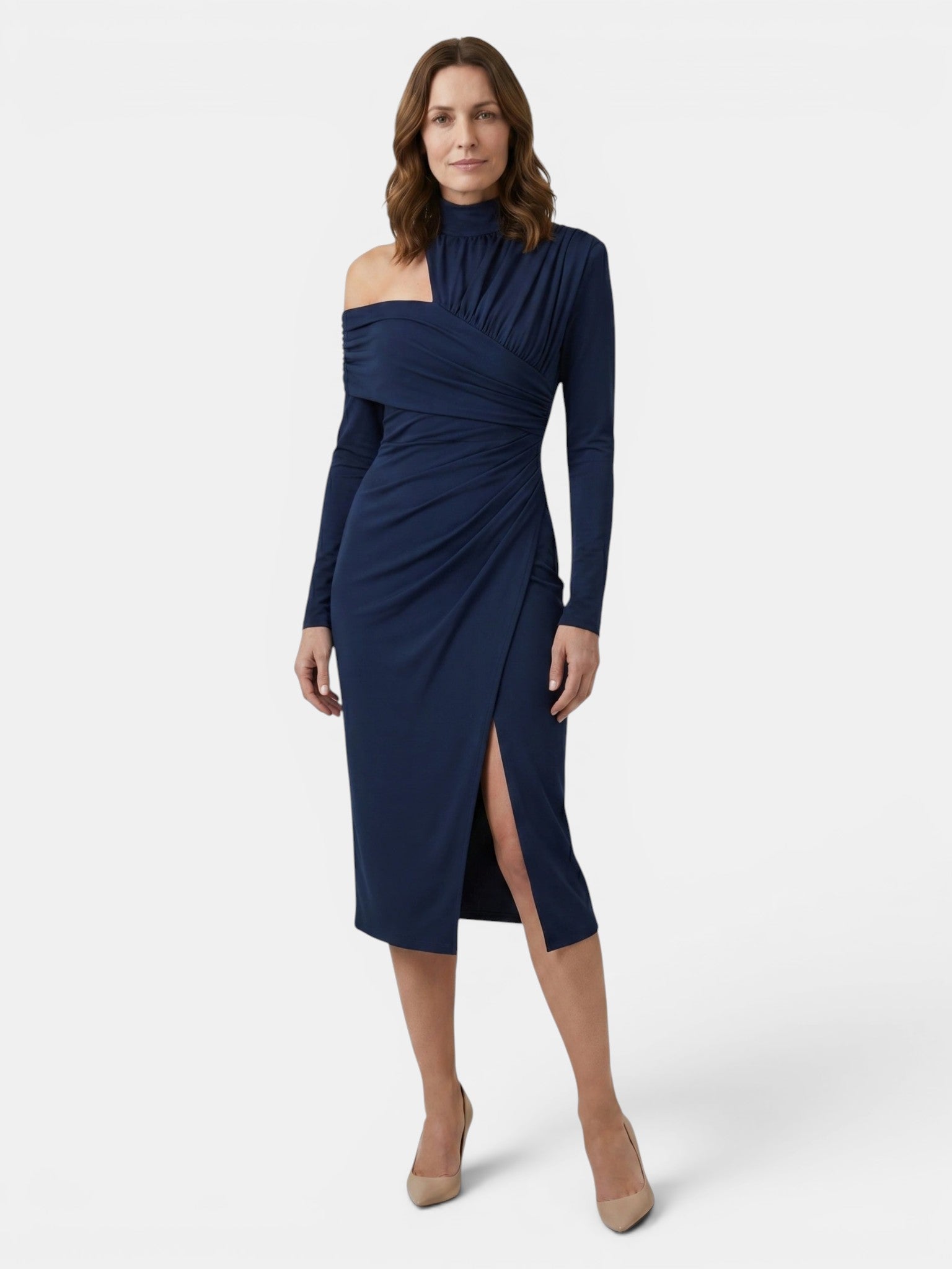 Abito midi asimmetrico da donna in tessuto | Design strutturato drappeggiato