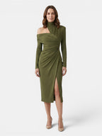 Women's Asymmetric Fabric Midi Dress | Structured Draped Design