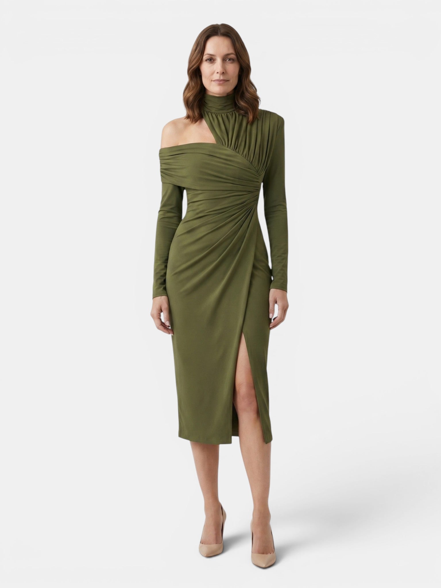 Abito midi asimmetrico da donna in tessuto | Design strutturato drappeggiato