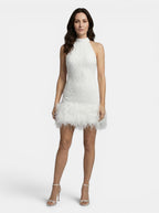 Womens Beaded Mini Dress | Elegant White Halter Evening Wear with Feather Trim 2