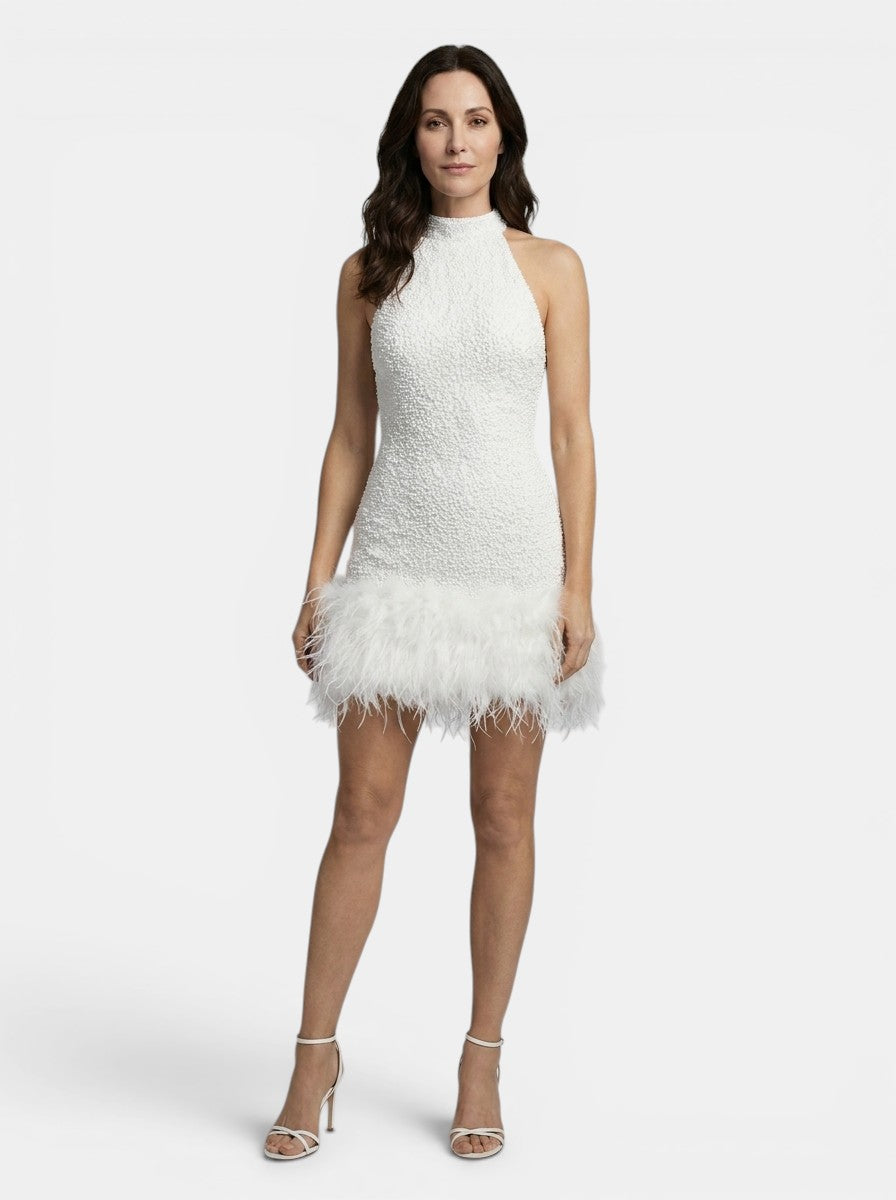 Womens Beaded Mini Dress | Elegant White Halter Evening Wear with Feather Trim 2