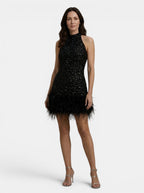 Womens Beaded Mini Dress | Elegant White Halter Evening Wear with Feather Trim 4