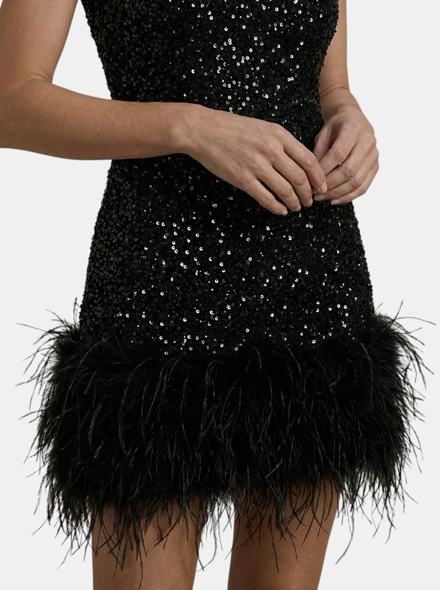 Womens Beaded Mini Dress | Elegant White Halter Evening Wear with Feather Trim 5