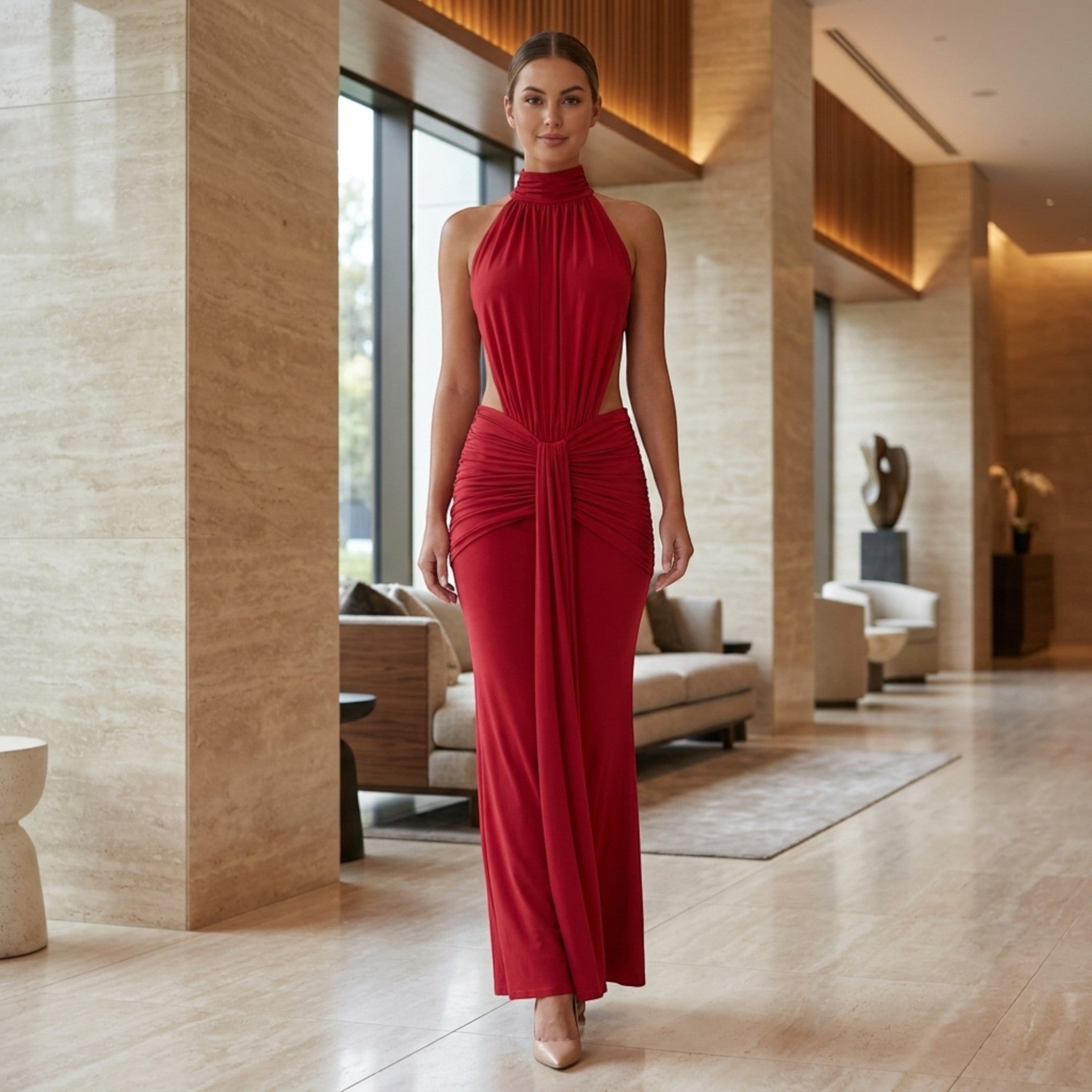 Vestido maxi de mujer con cuello halter chic | Elegante vestido bodycon sin espalda para ocasiones formales