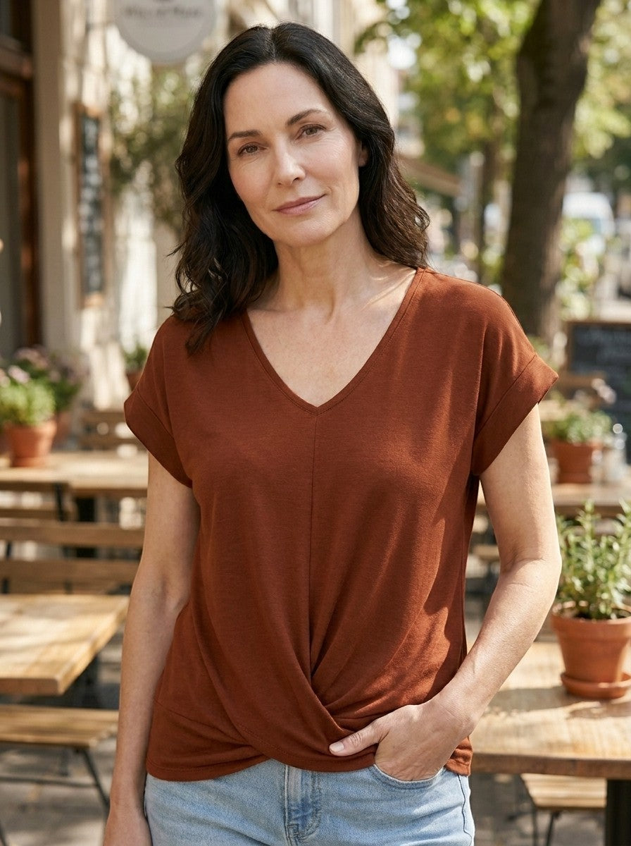 Womens Comfortable Cotton Blend Top | Stylish V-Neck Twist-Front Going Out Top 1