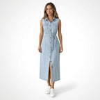 Vestido maxi de mezclilla para mujer | Vestido de verano sin mangas y con estilo, con abertura frontal