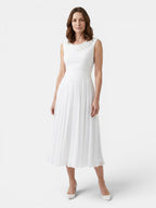 Women's Draped Fabric Midi Dress | Fitted Bodice Pleated Skirt