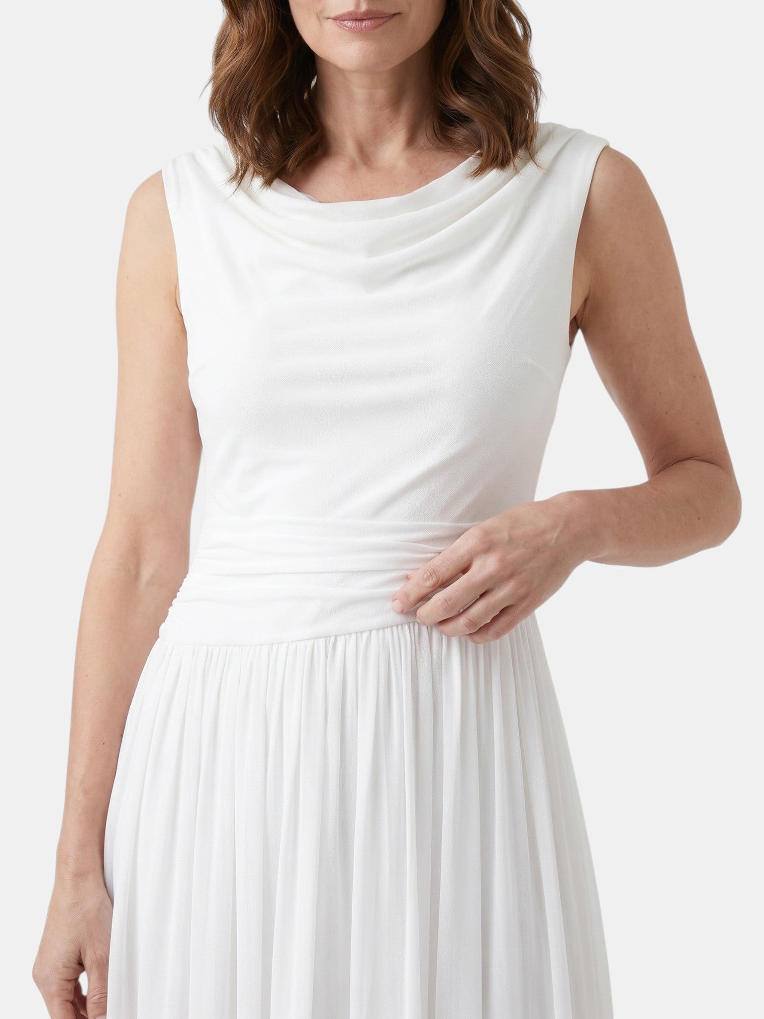 Abito midi da donna in tessuto drappeggiato | Corpino aderente e gonna plissettata