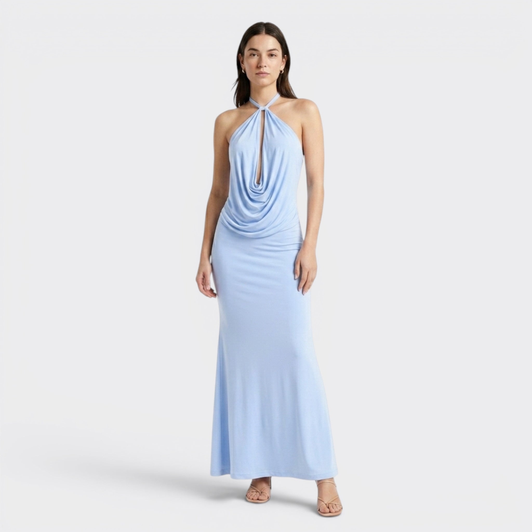 Abito lungo da donna con scollo all'americana drappeggiato | Elegante abito estivo senza schienale