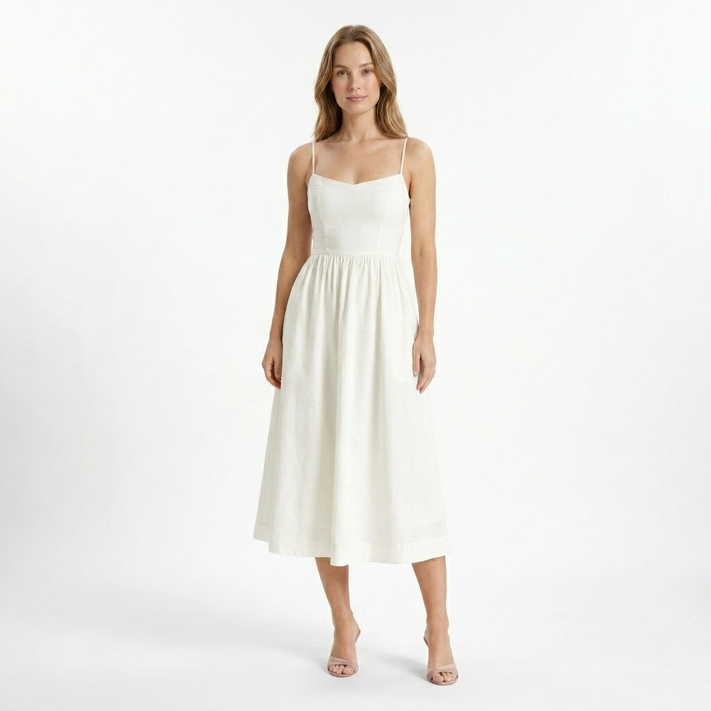 Women's Elegant A-Line Midi Dress | Structured Bodice with Slim Straps