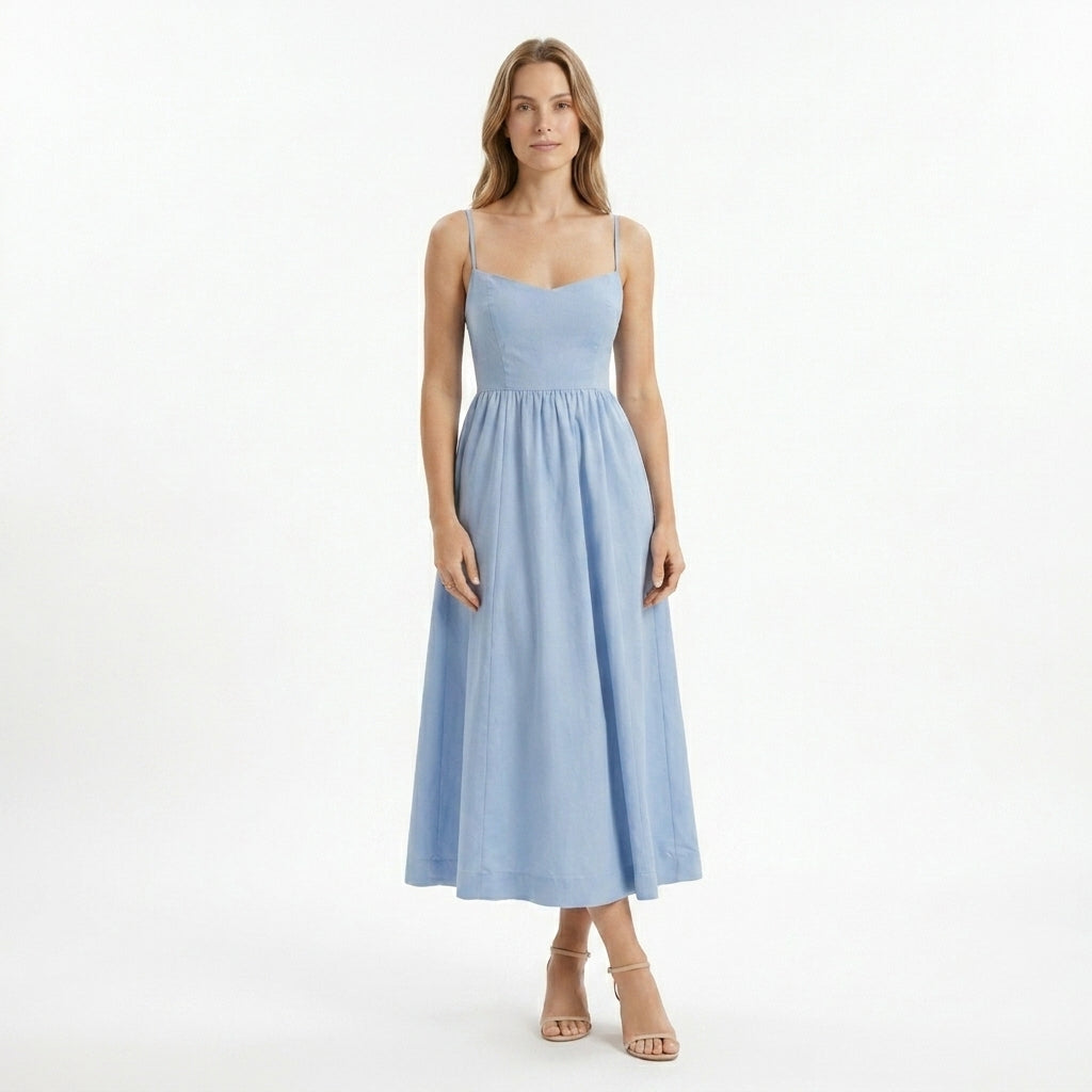 Women's Elegant A-Line Midi Dress | Structured Bodice with Slim Straps