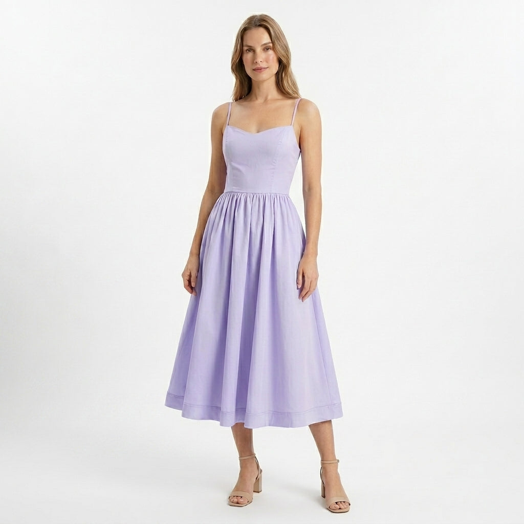 Women's Elegant A-Line Midi Dress | Structured Bodice with Slim Straps