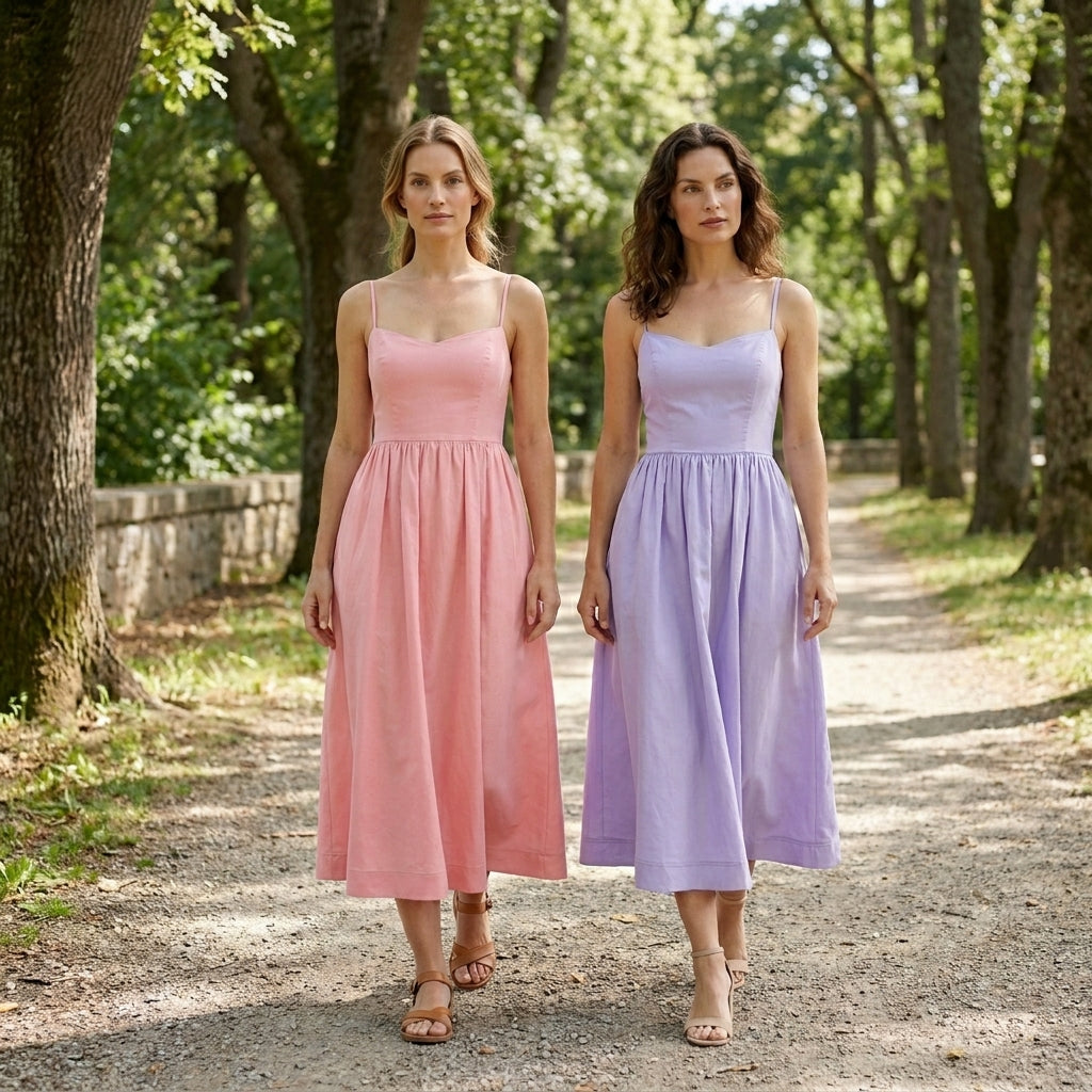 Women's Elegant A-Line Midi Dress | Structured Bodice with Slim Straps