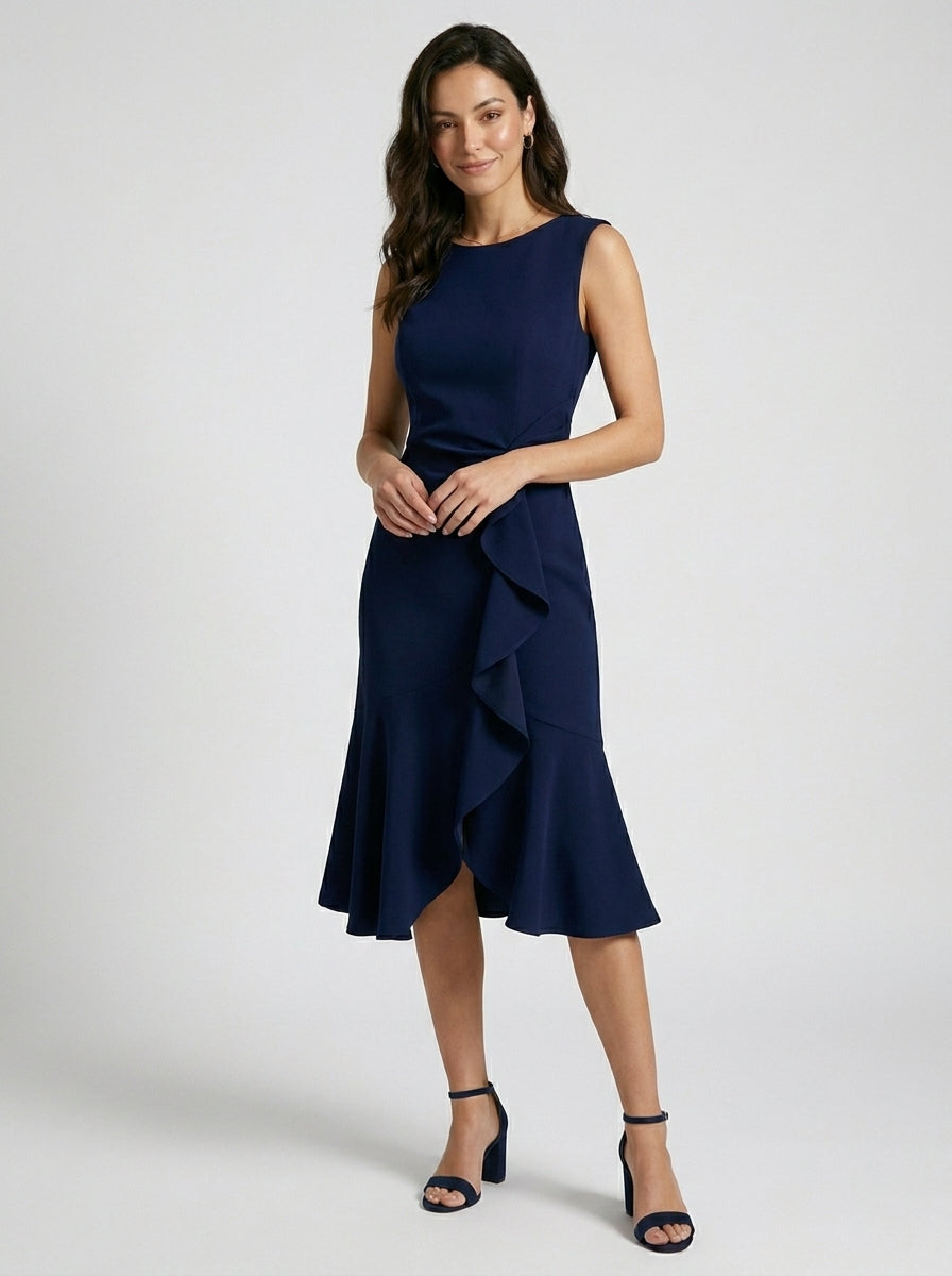 Robe midi asymétrique élégante pour femme | Tenue de soirée cocktail chic sans manches