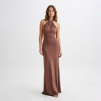 Vestido largo ajustado elegante para mujer | Vestido formal con cuello halter y espalda descubierta