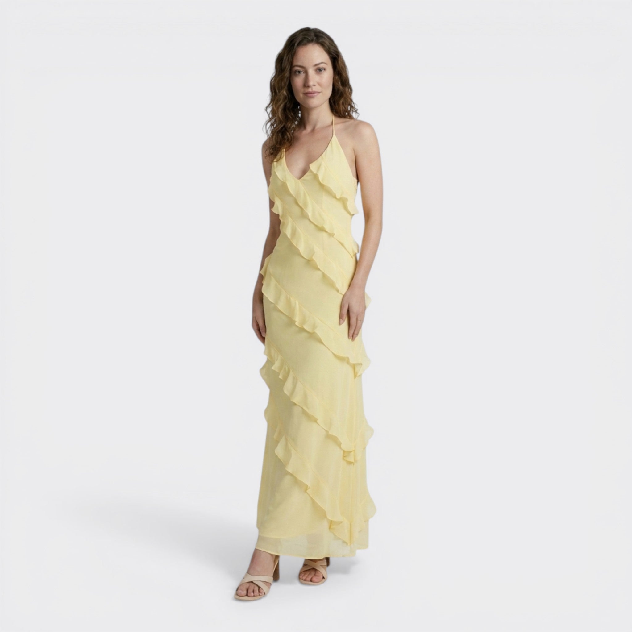 Womens Elegant Chiffon Maxi Dress | Halter Neck Tiered Ruffle Summer Gown 3