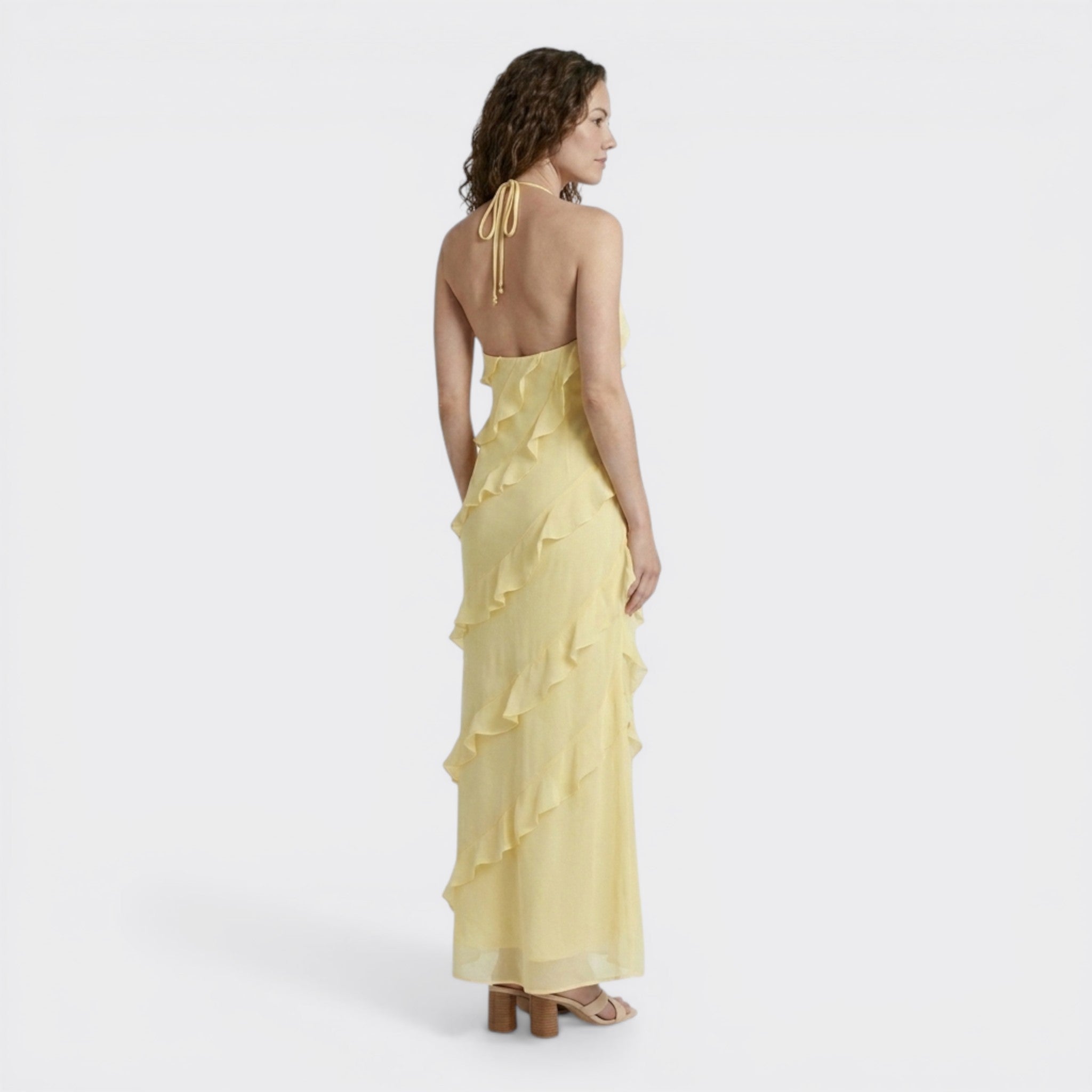 Womens Elegant Chiffon Maxi Dress | Halter Neck Tiered Ruffle Summer Gown 5