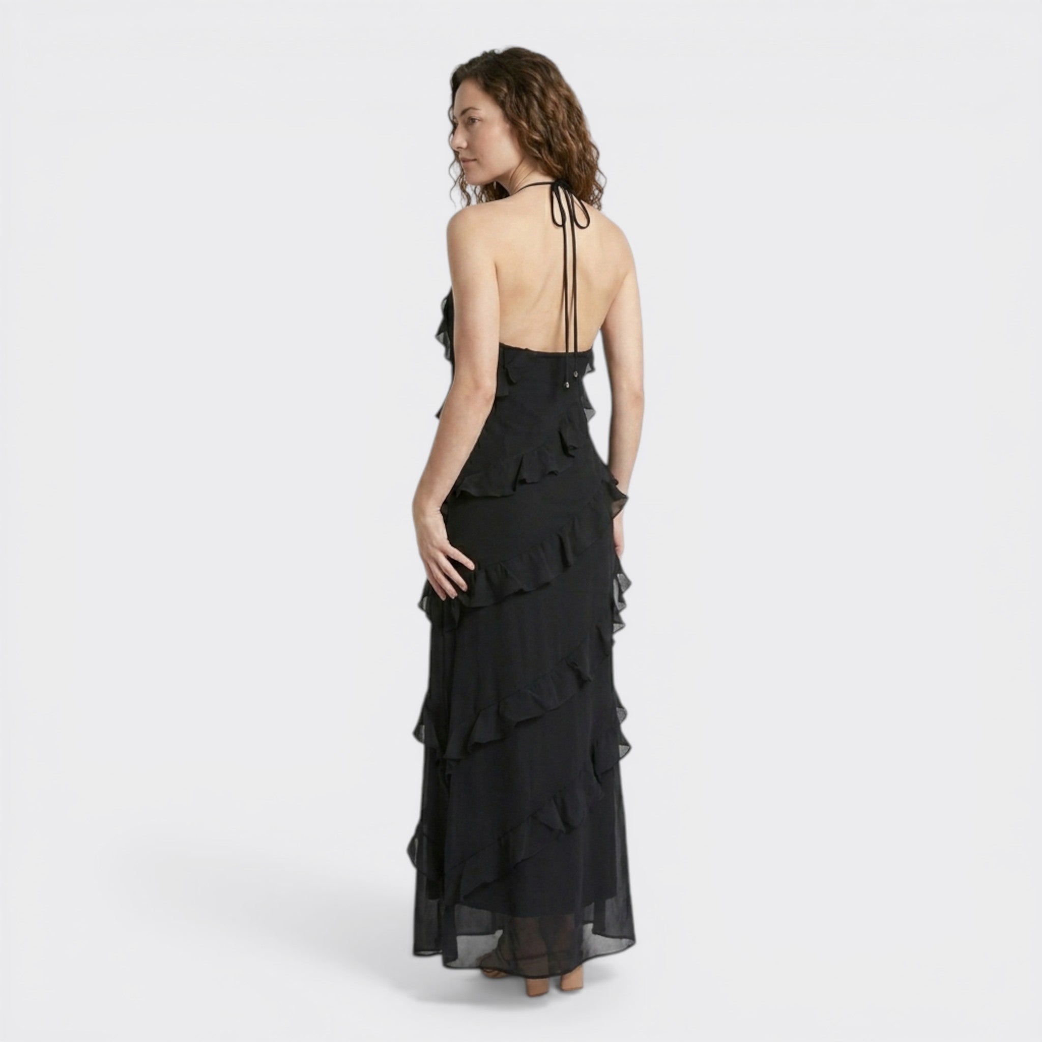 Womens Elegant Chiffon Maxi Dress | Halter Neck Tiered Ruffle Summer Gown 9
