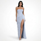 Vestido largo elegante drapeado para mujer | Vestido formal de verano sin tirantes con abertura alta
