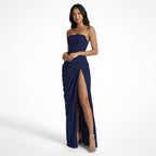 Vestido largo elegante drapeado para mujer | Vestido formal de verano sin tirantes con abertura alta
