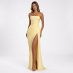 Vestido largo elegante drapeado para mujer | Vestido formal de verano sin tirantes con abertura alta