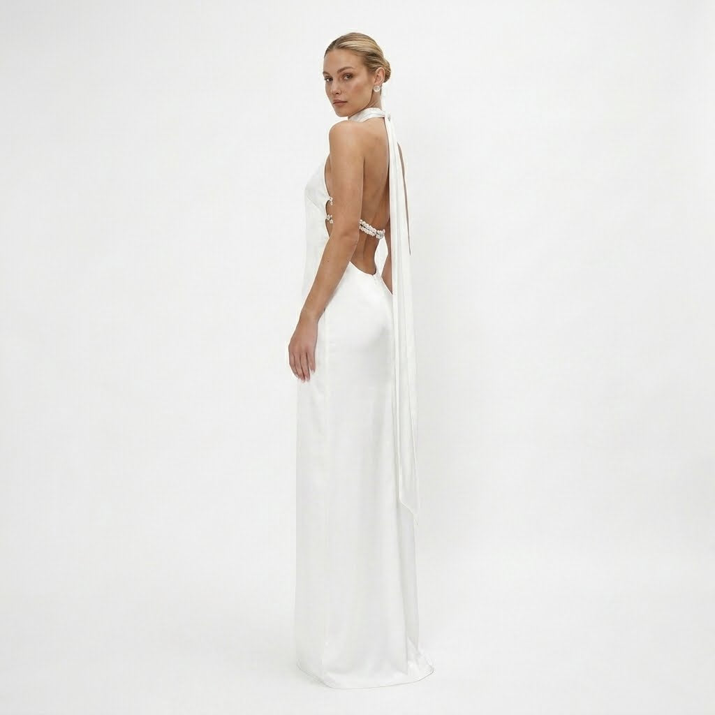 Womens Elegant High Neck Halter Maxi Dress | Backless Formal Evening Gown 5