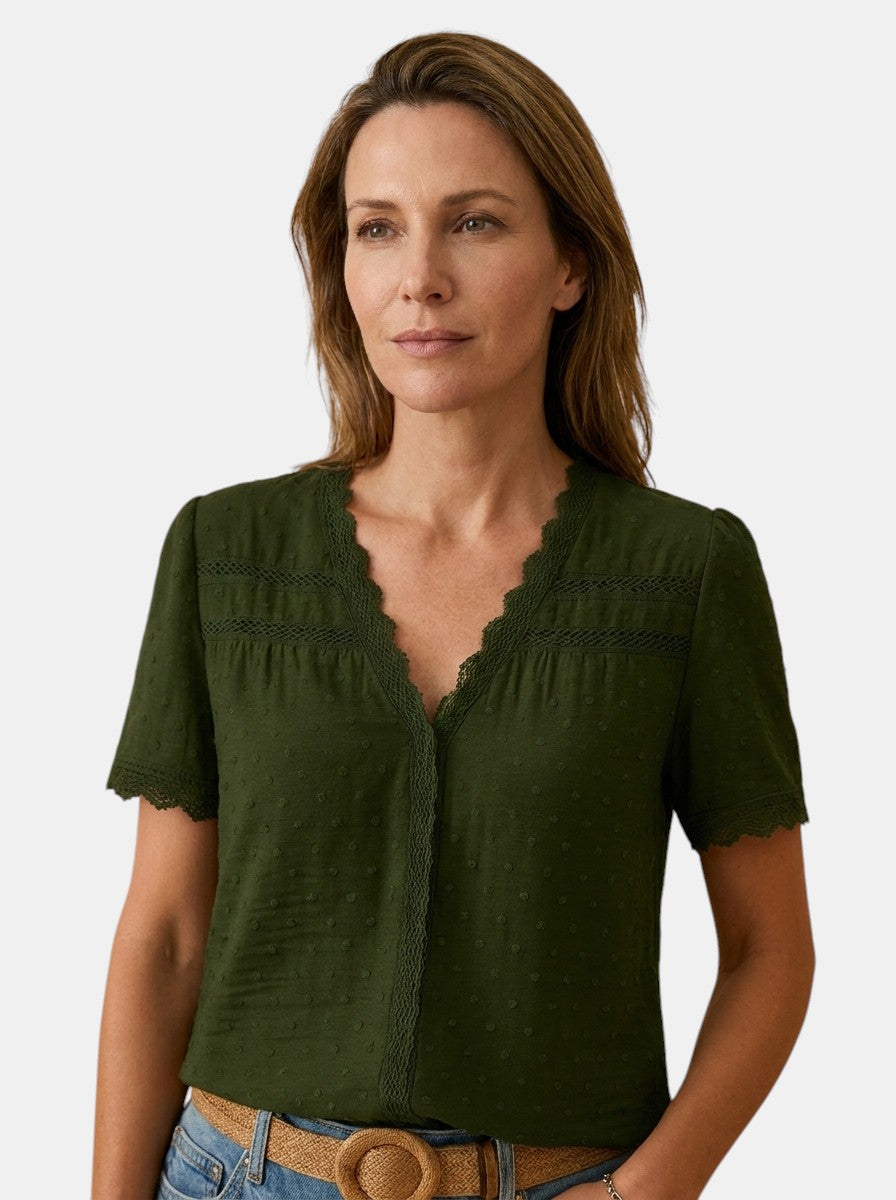 Blusa elegante da donna in pizzo | Top bianco a maniche lunghe con scollo a V per tutte le occasioni