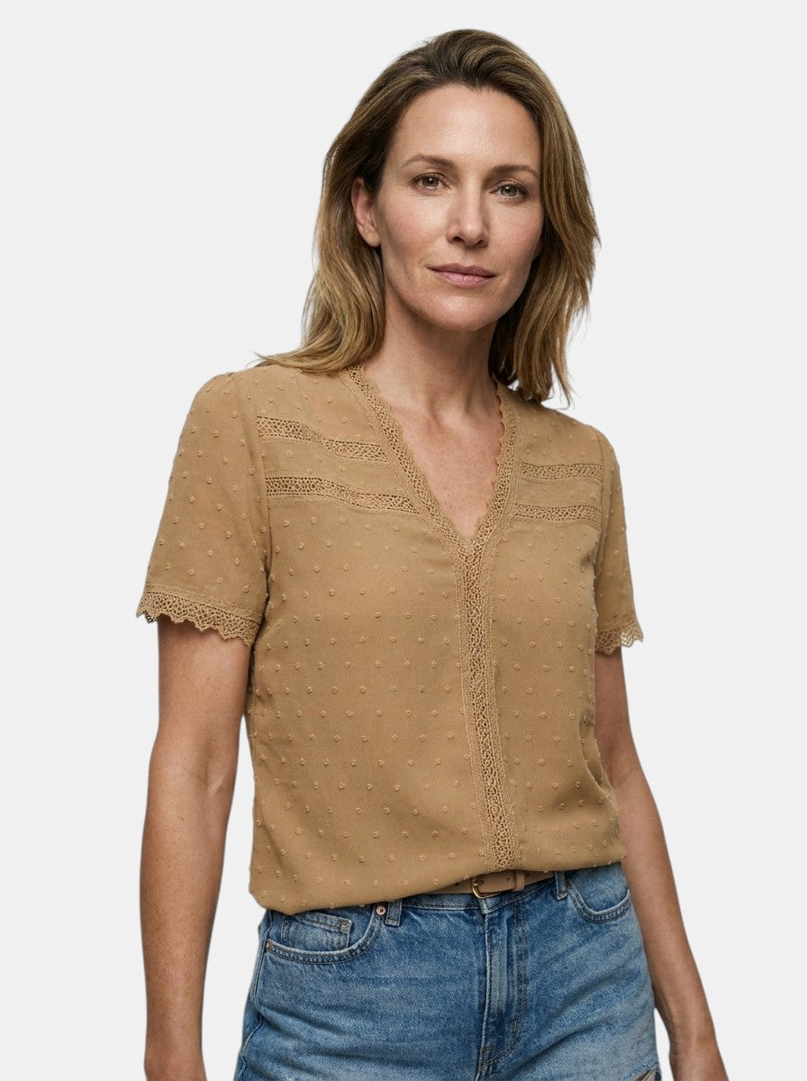 Blusa elegante da donna in pizzo | Top bianco a maniche lunghe con scollo a V per tutte le occasioni
