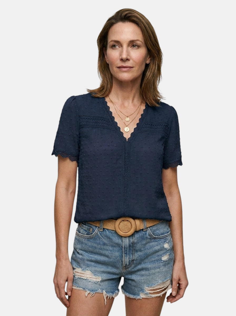 Blusa elegante da donna in pizzo | Top bianco a maniche lunghe con scollo a V per tutte le occasioni