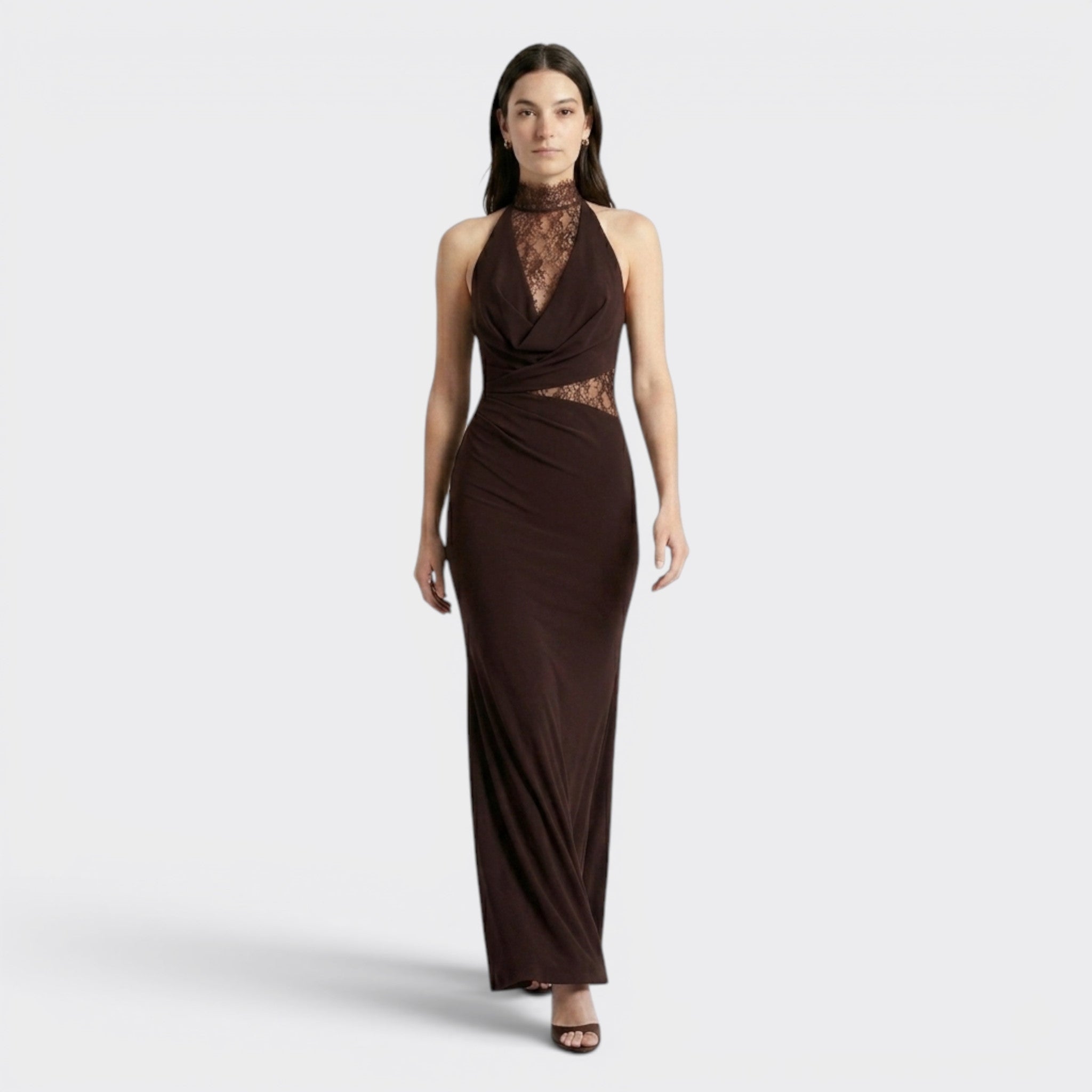 Womens Elegant Lace Maxi Dress | Halter Neck Sleeveless Formal Gown 6