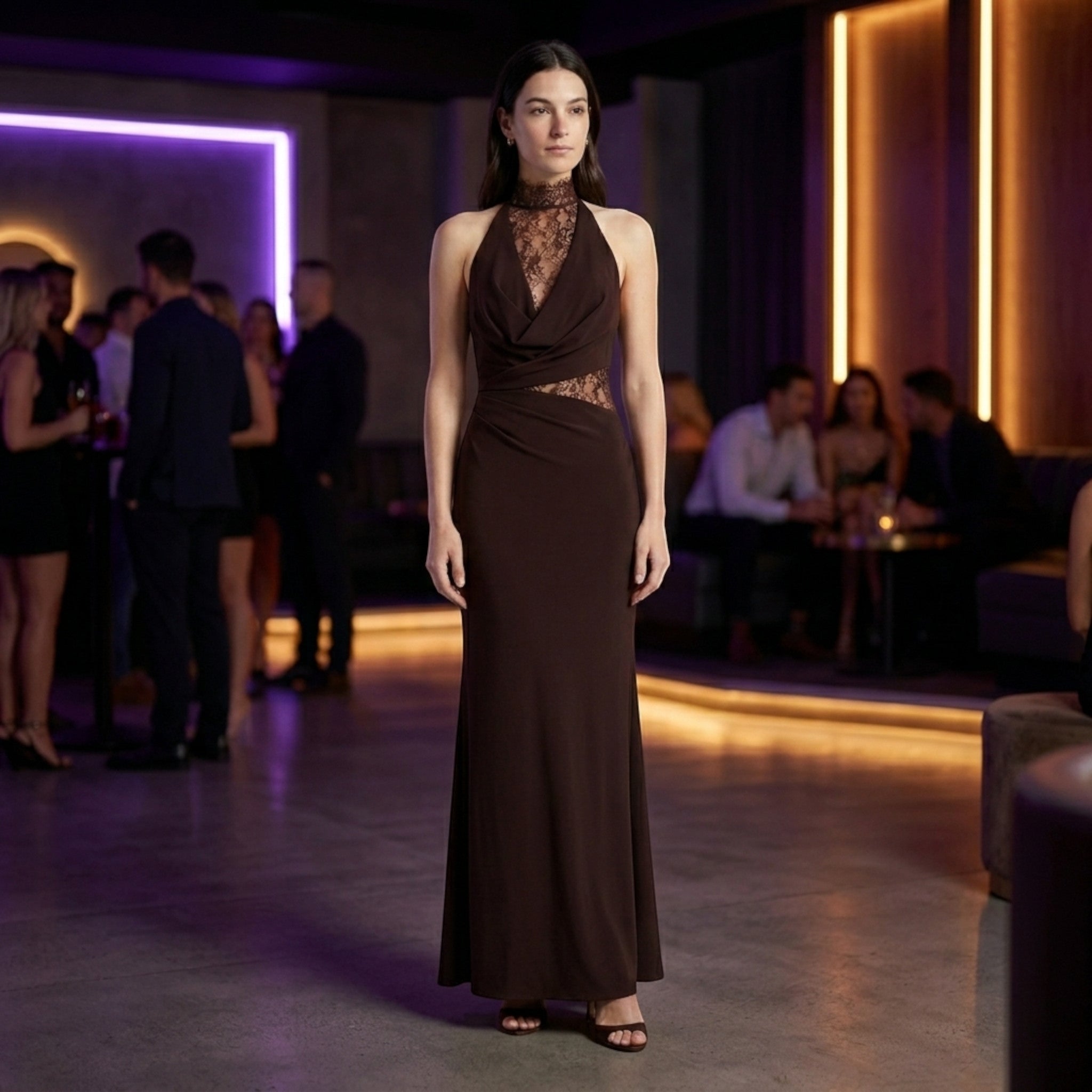 Womens Elegant Lace Maxi Dress | Halter Neck Sleeveless Formal Gown 2