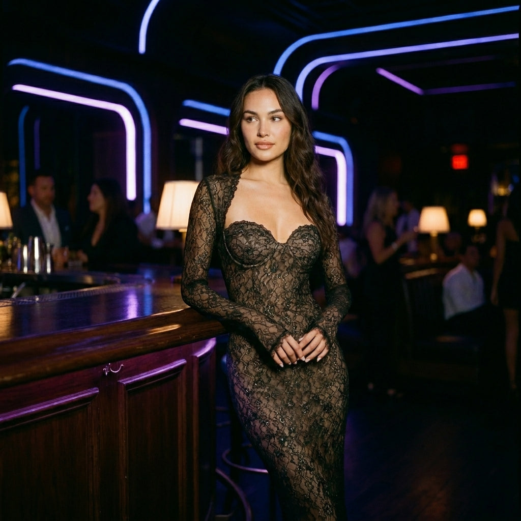 Womens Elegant Lace Mesh Maxi Dress | Fitted Long Sleeve Formal Gown 3