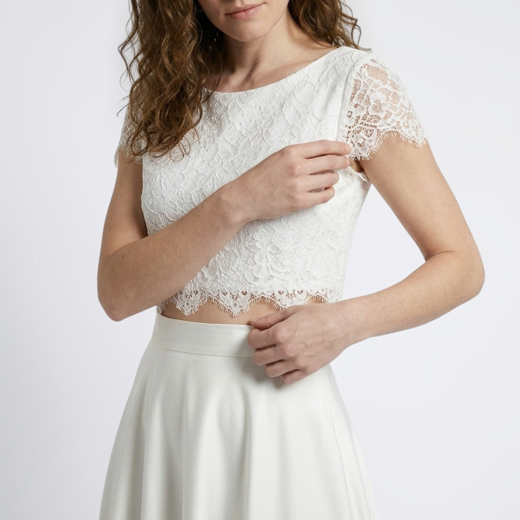 Vestido de novia elegante de encaje para mujer de dos piezas | Vestido de boda maxi romántico y fluido