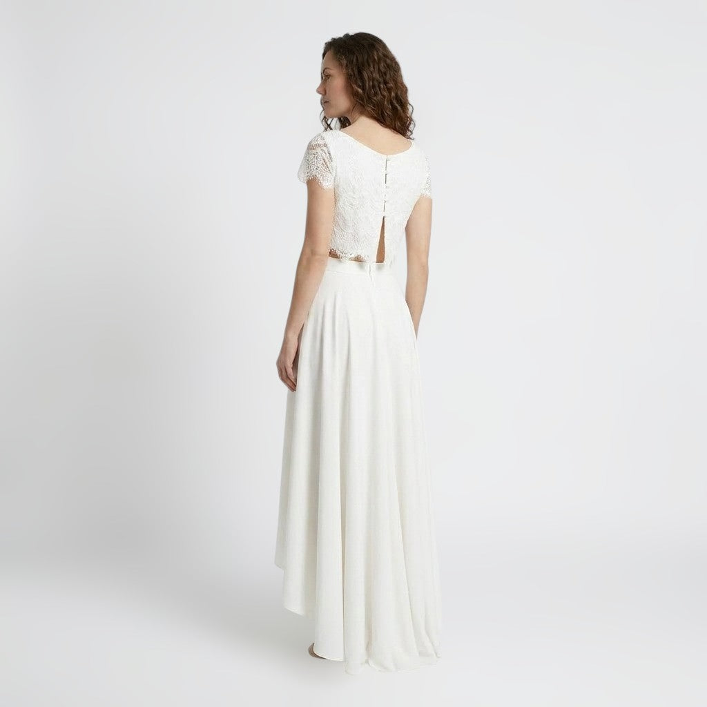 Vestido de novia elegante de encaje para mujer de dos piezas | Vestido de boda maxi romántico y fluido