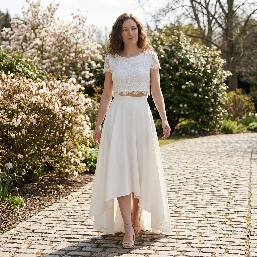 Vestido de novia elegante de encaje para mujer de dos piezas | Vestido de boda maxi romántico y fluido