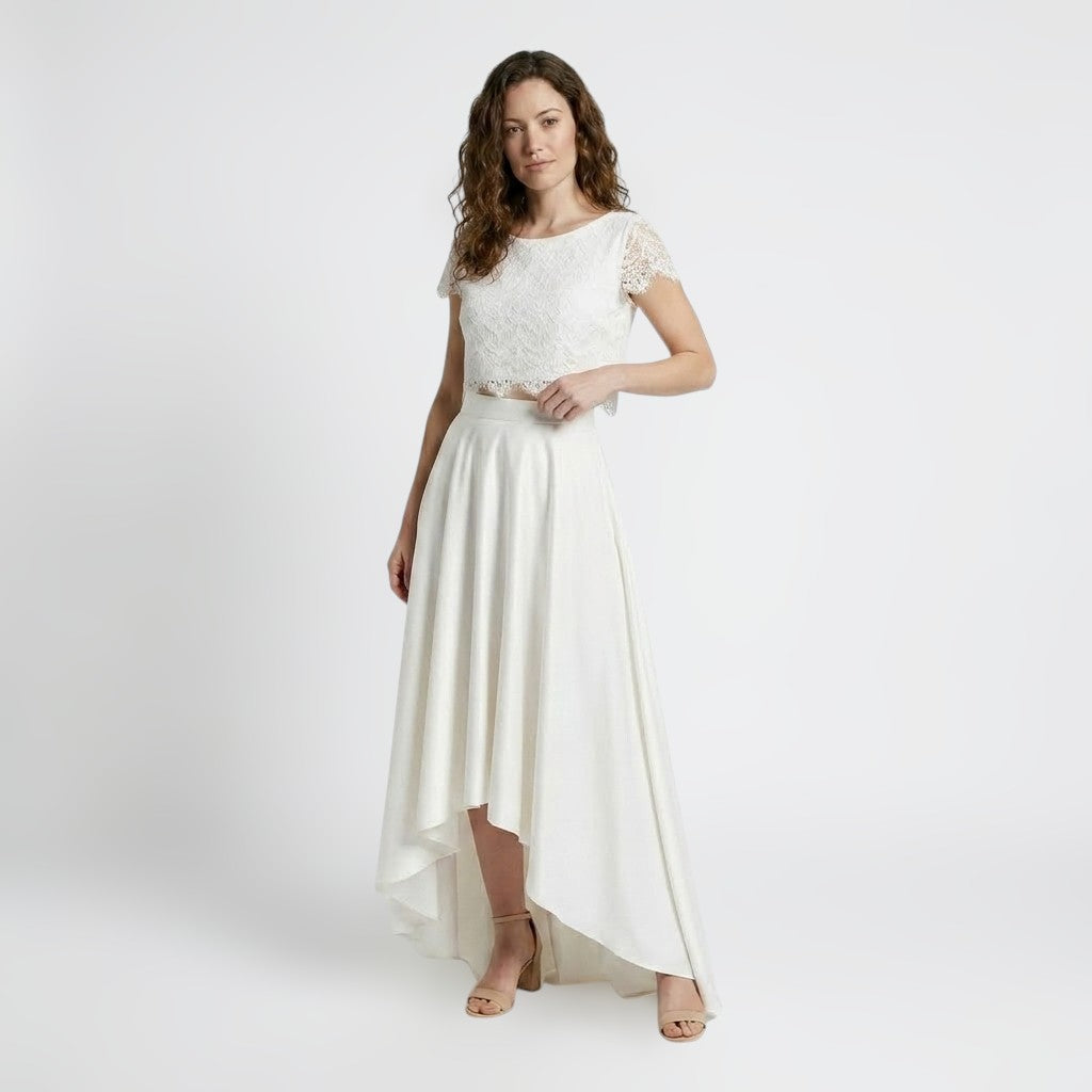 Vestido de novia elegante de encaje para mujer de dos piezas | Vestido de boda maxi romántico y fluido
