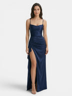 Women's Elegant Navy Blue Maxi Dress | Spaghetti Strap High Slit Summer Evening Gown