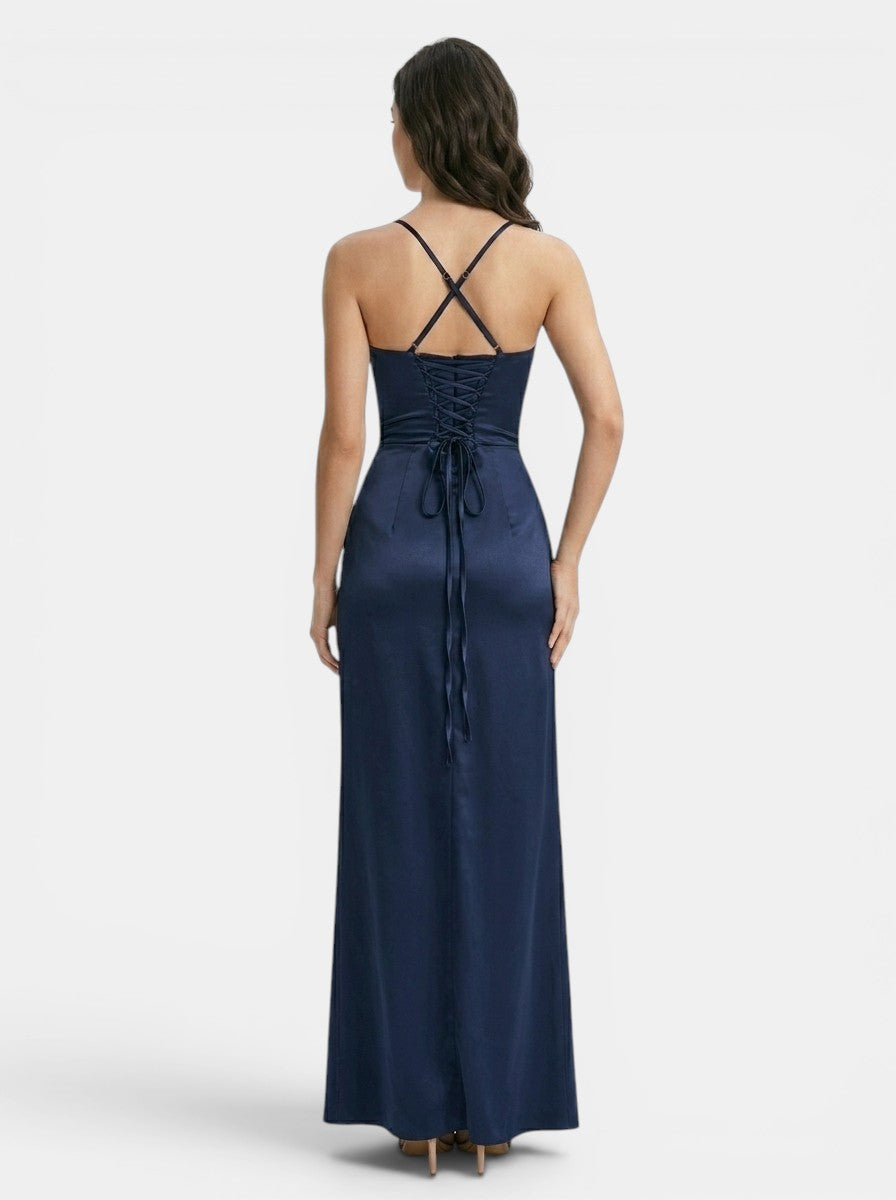 Robe longue élégante bleu marine pour femme | Robe de soirée d'été à fines bretelles avec fente haute
