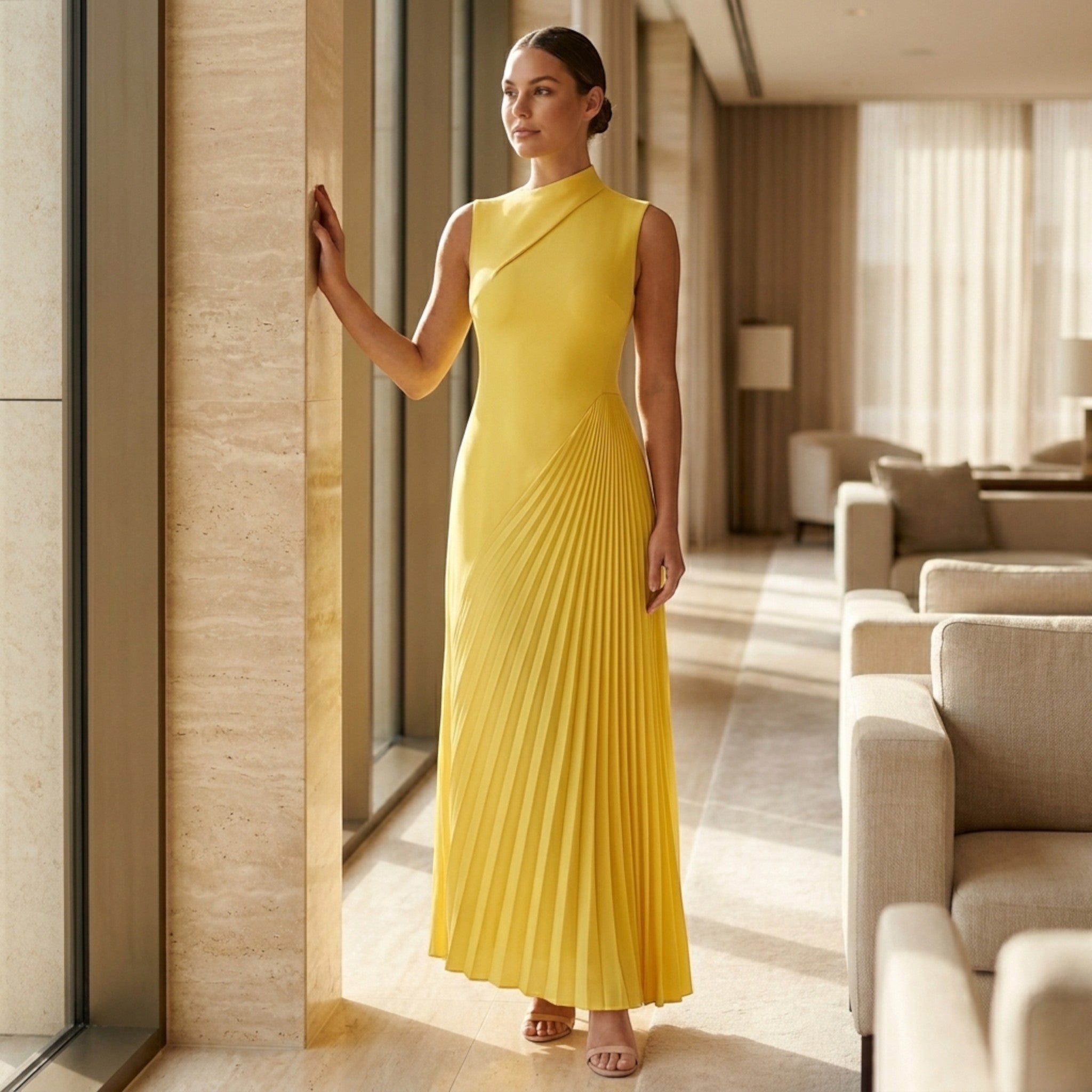 Vestido largo plisado elegante para mujer | Vestido formal asimétrico de un solo hombro