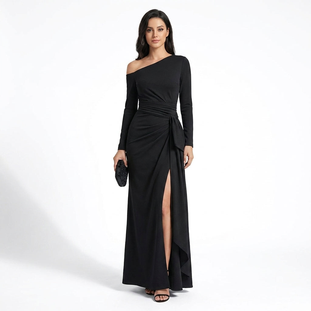 Womens Elegant Ruched Maxi Dress | Asymmetric One-Shoulder Formal Gown 2