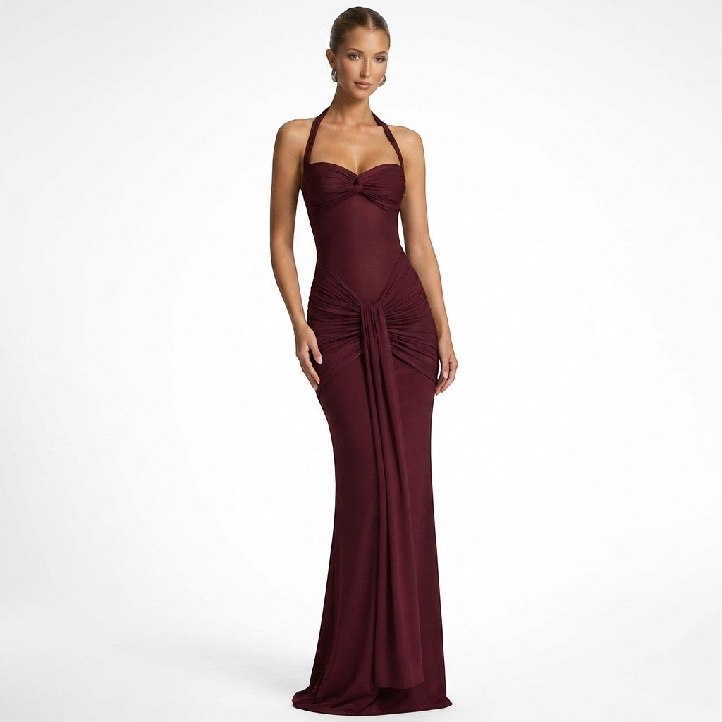 Women's Elegant Ruched Maxi Dress | Chic Halter Neck Formal Gown