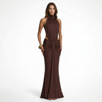 Vestido largo elegante para mujer con fruncidos | Vestido formal sin espalda y cuello alto
