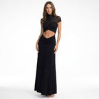Vestido largo elegante para mujer con fruncidos | Vestido de noche con cuello alto y abertura